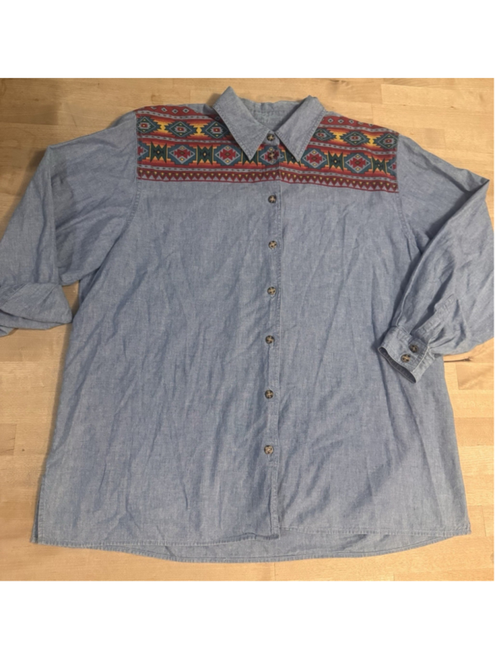 VTG 90s Liz Claiborne Cotton Denim Button Down Shirt Womens 14 Aztec Southwest